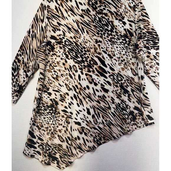 Chicos Leopard Print Asymmetrical Hem Tunic Top Size 3 Black Tan Cream Stretch - Picture 9 of 10